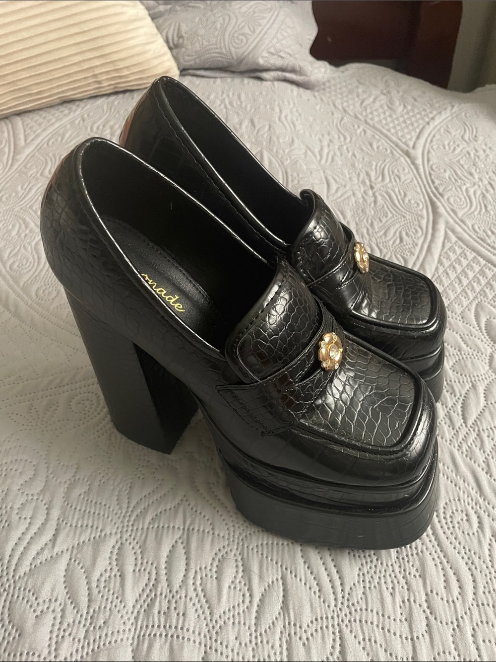 Croc-Embossed Black Platform Loafer Heels with Gold Medallion